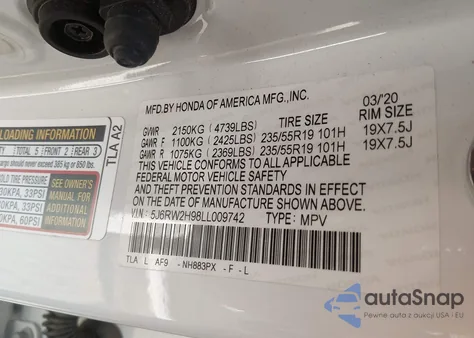 2020 Honda Cr-V Awd Touring z USA, uszkodzony, nr VIN 5J6RW2H98LL009742